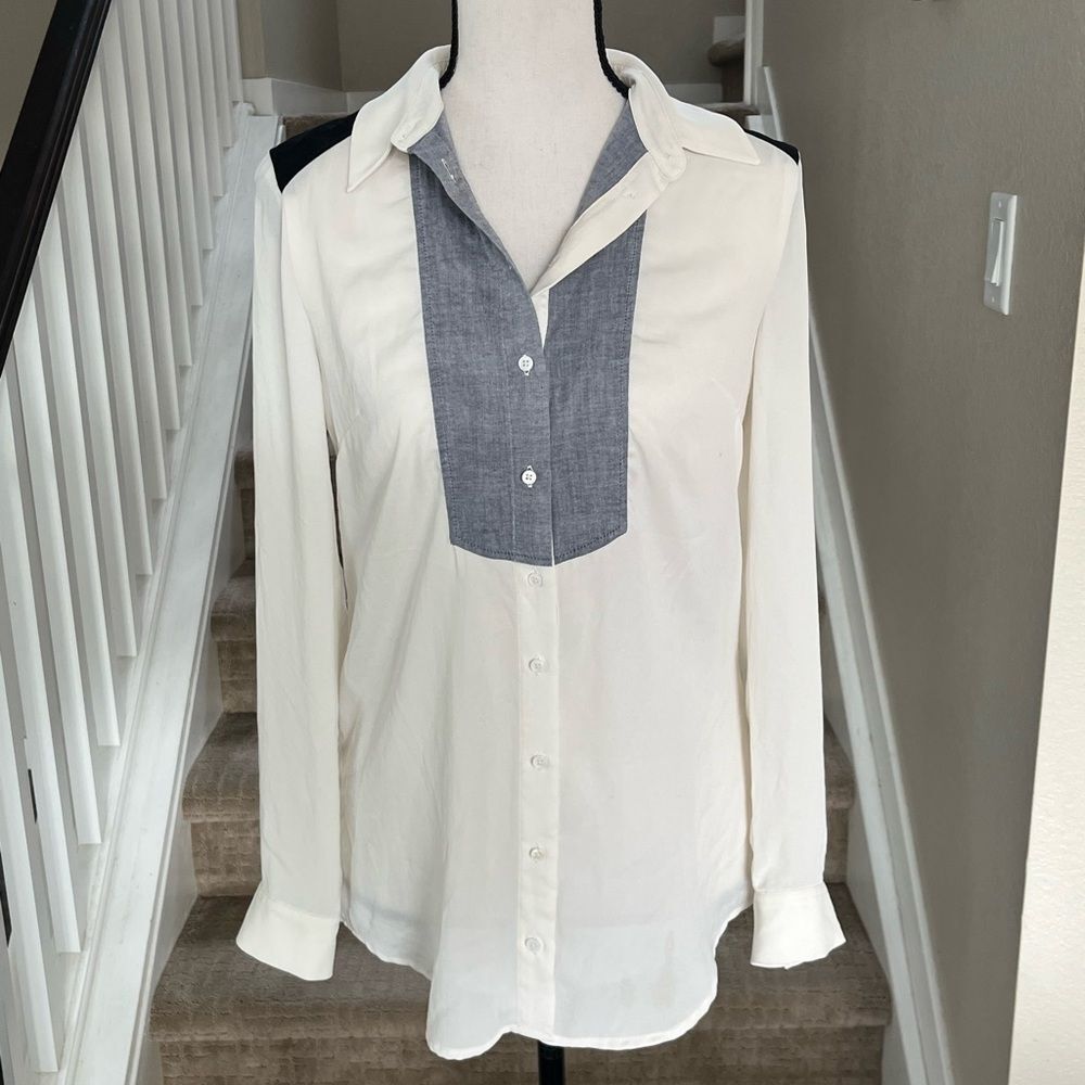 Anthropologie Maeve Cream with Chambray Contrast Button Down Top - 2